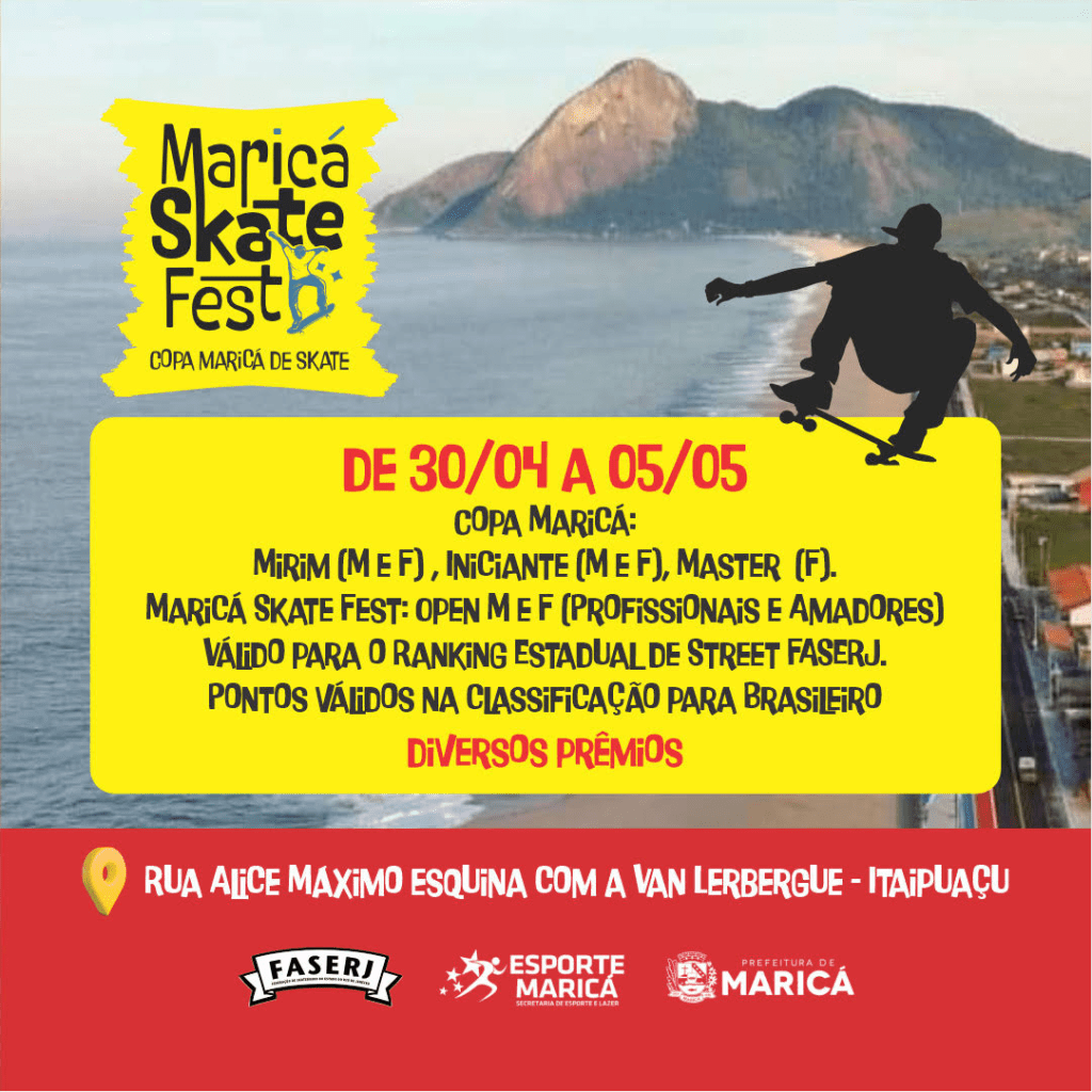 Maricá Skate Fest tem clínicas esportivas. As clínicas serão nas escolas municipais entre 11/03 a 29/03. A competição será entre 30/04 a 5/05.