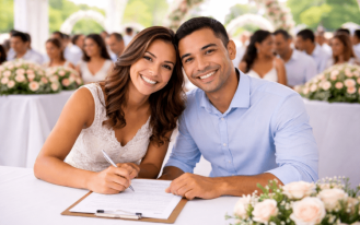 Casamento feliz em um evento comunitário