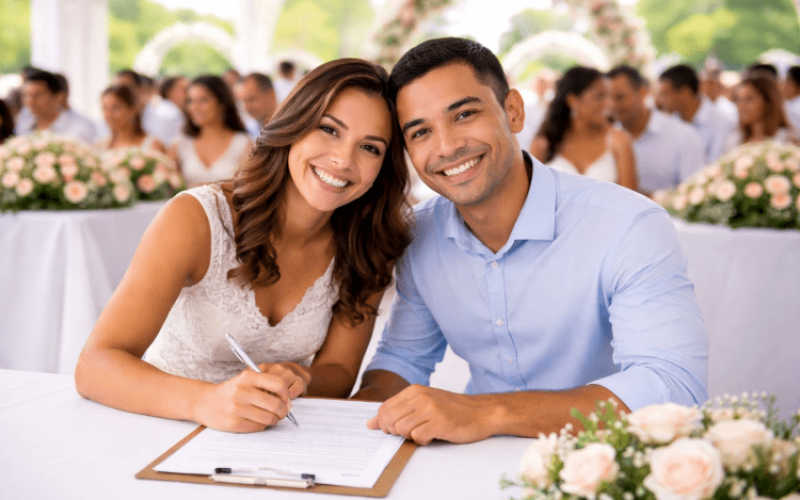 Casamento feliz em um evento comunitário
