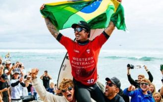 MARGARET RIVER, WESTERN AUSTRALIA, AUSTRALIA - APRIL 28: Three-time WSL Champion Gabriel Medina of Brazil after winning in the Final at the Western Australia Margaret River Pro on April 28, 2023 at Margaret River, Western Australia, Australia. (Photo by Aaron Hughes/World Surf League)